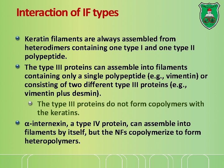 Interaction of IF types Keratin filaments are always assembled from heterodimers containing one type