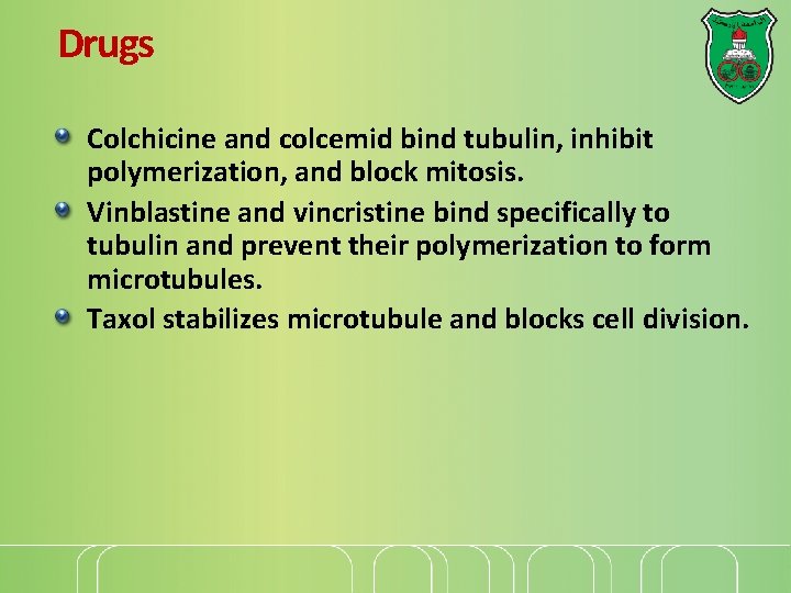 Drugs Colchicine and colcemid bind tubulin, inhibit polymerization, and block mitosis. Vinblastine and vincristine