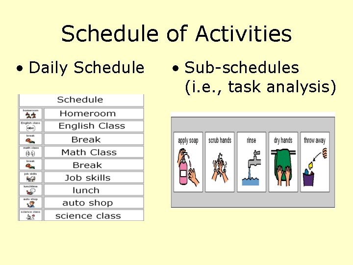 Schedule of Activities • Daily Schedule • Sub-schedules (i. e. , task analysis)  Schedule of Activities • Daily Schedule • Sub-schedules (i. e. , task analysis)