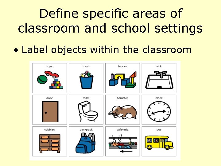 Define specific areas of classroom and school settings • Label objects within the classroom Define specific areas of classroom and school settings • Label objects within the classroom