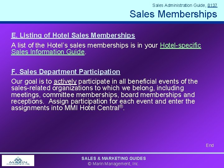 Sales Administration Guide, 8137 Sales Memberships E. Listing of Hotel Sales Memberships A list