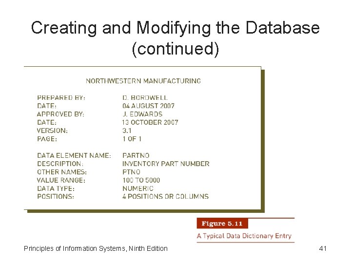 Creating and Modifying the Database (continued) Principles of Information Systems, Ninth Edition 41 