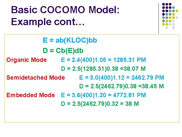 Basic COCOMO Model: Example cont… E = ab(KLOC)bb D = Cb(E)db Organic Mode E
