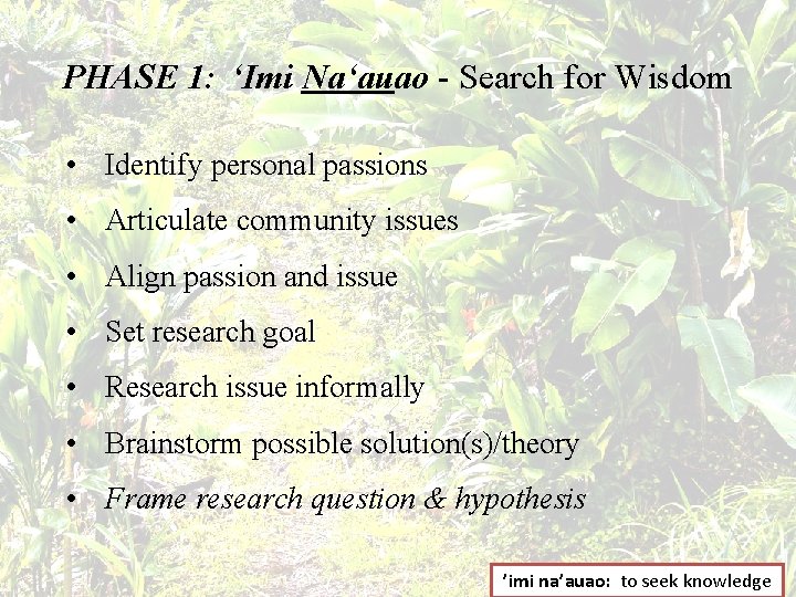 PHASE 1: ʻImi Naʻauao - Search for Wisdom • Identify personal passions • Articulate