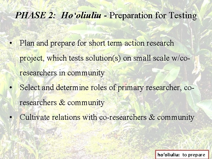 PHASE 2: Hoʻoliuliu - Preparation for Testing • Plan and prepare for short term