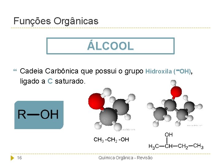 Funções Orgânicas ÁLCOOL - Cadeia Carbônica que possui o grupo Hidroxila ( OH), ligado