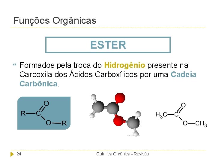 Funções Orgânicas ESTER Formados pela troca do Hidrogênio presente na Carboxila dos Ácidos Carboxílicos