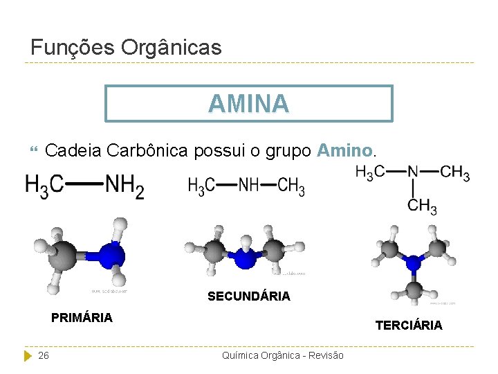Funções Orgânicas AMINA Cadeia Carbônica possui o grupo Amino. SECUNDÁRIA PRIMÁRIA 26 TERCIÁRIA Química