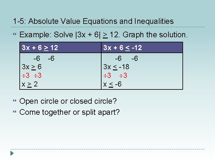 1 -5: Absolute Value Equations and Inequalities Example: Solve |3 x + 6| >