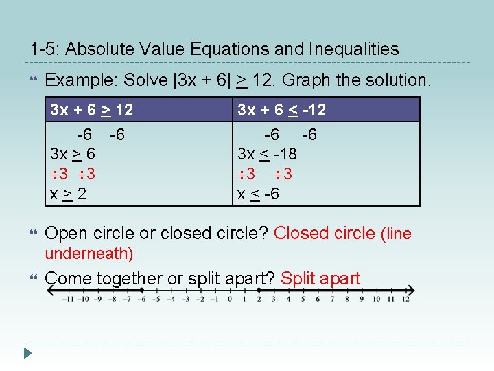 1 -5: Absolute Value Equations and Inequalities Example: Solve |3 x + 6| >