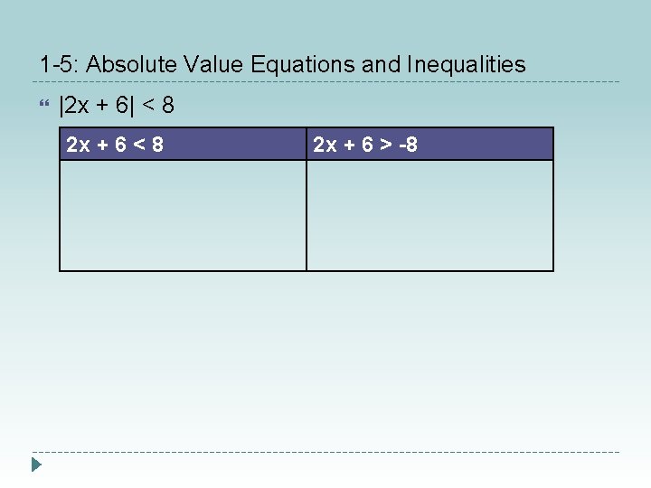 1 -5: Absolute Value Equations and Inequalities |2 x + 6| < 8 2