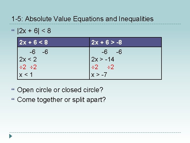 1 -5: Absolute Value Equations and Inequalities |2 x + 6| < 8 2