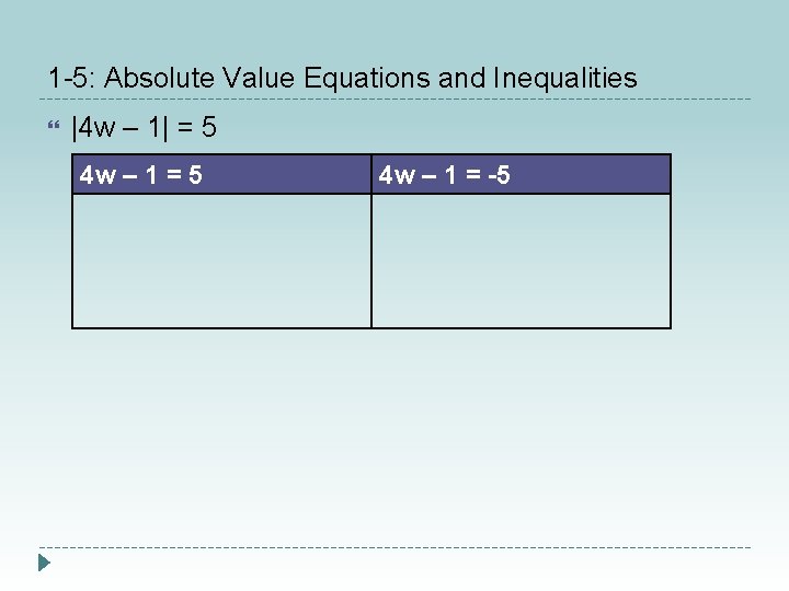 1 -5: Absolute Value Equations and Inequalities |4 w – 1| = 5 4