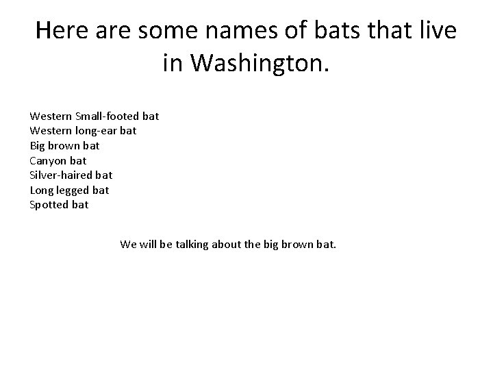 Here are some names of bats that live in Washington. Western Small-footed bat Western