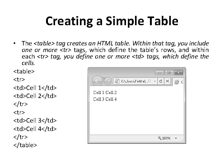 Creating a Simple Table • The <table> tag creates an HTML table. Within that