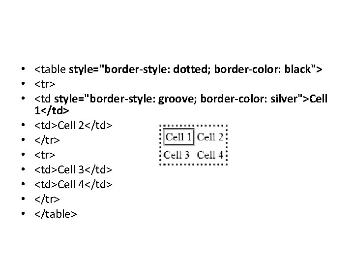  • <table style="border-style: dotted; border-color: black"> • <tr> • <td style="border-style: groove; border-color: