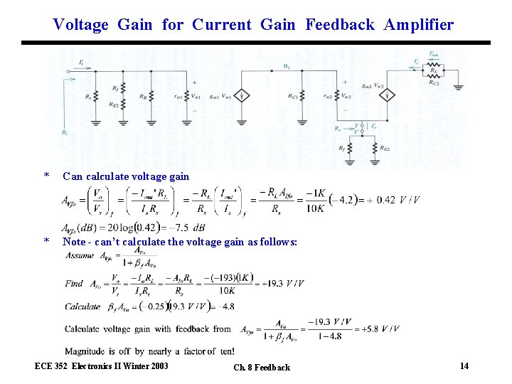 Voltage Gain for Current Gain Feedback Amplifier * Can calculate voltage gain * Note