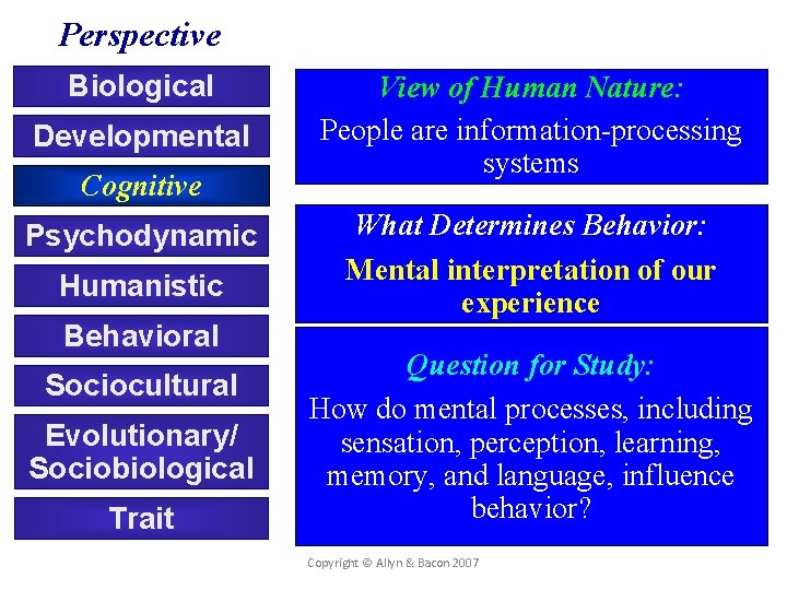 Perspective Biological Developmental Cognitive Psychodynamic Humanistic Behavioral Sociocultural Evolutionary/ Sociobiological Trait View of Human