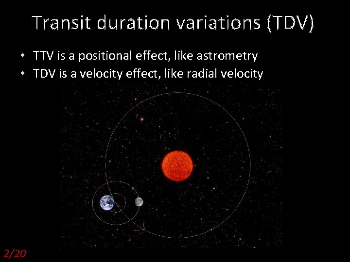 Transit duration variations (TDV) • TTV is a positional effect, like astrometry • TDV