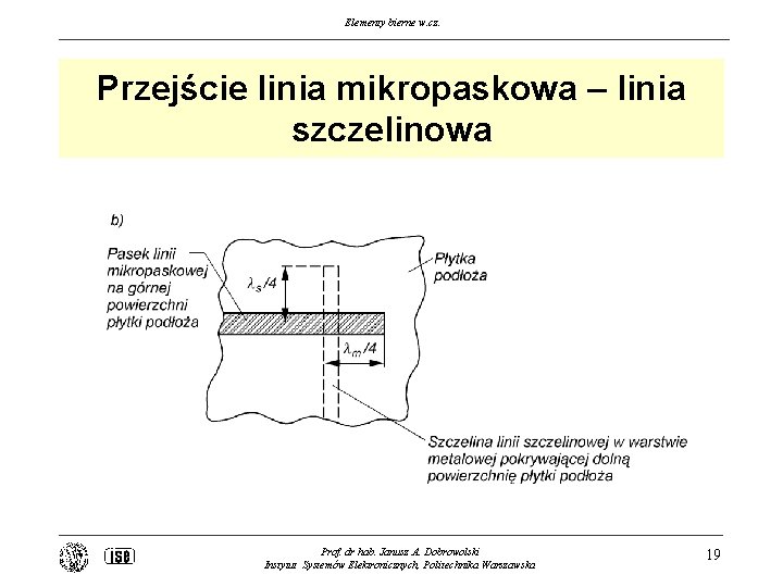 Elementy bierne w. cz. Przejście linia mikropaskowa – linia szczelinowa Prof. dr hab. Janusz