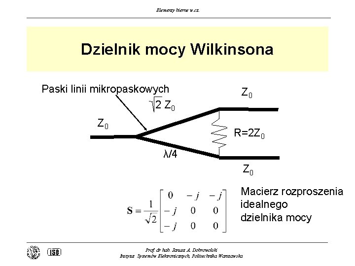 Elementy bierne w. cz. Dzielnik mocy Wilkinsona Paski linii mikropaskowych 2 Z 0 Z