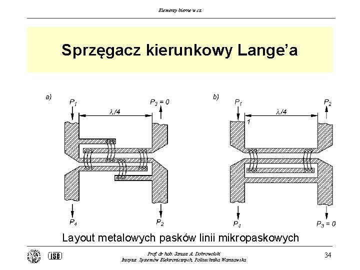 Elementy bierne w. cz. Sprzęgacz kierunkowy Lange’a Layout metalowych pasków linii mikropaskowych Prof. dr