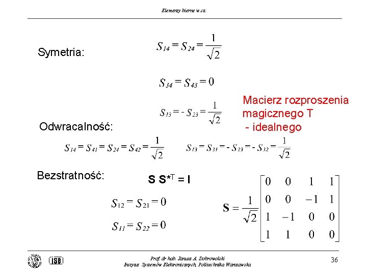 Elementy bierne w. cz. Symetria: Macierz rozproszenia magicznego T - idealnego Odwracalność: Bezstratność: S