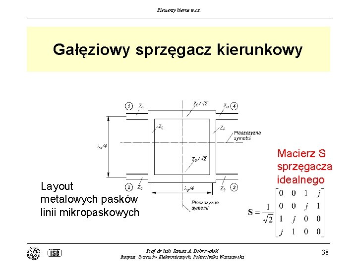 Elementy bierne w. cz. Gałęziowy sprzęgacz kierunkowy Layout metalowych pasków linii mikropaskowych Prof. dr