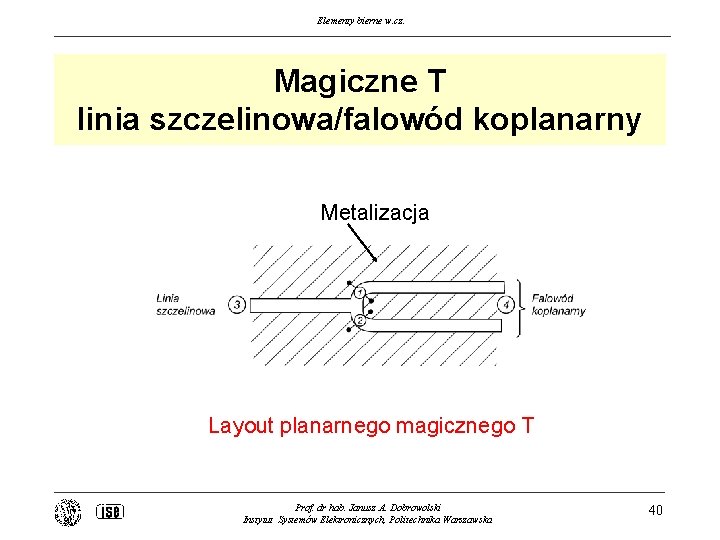 Elementy bierne w. cz. Magiczne T linia szczelinowa/falowód koplanarny Metalizacja Layout planarnego magicznego T