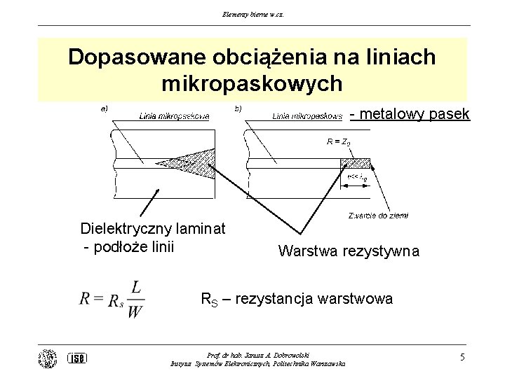 Elementy bierne w. cz. Dopasowane obciążenia na liniach mikropaskowych - metalowy pasek Dielektryczny laminat