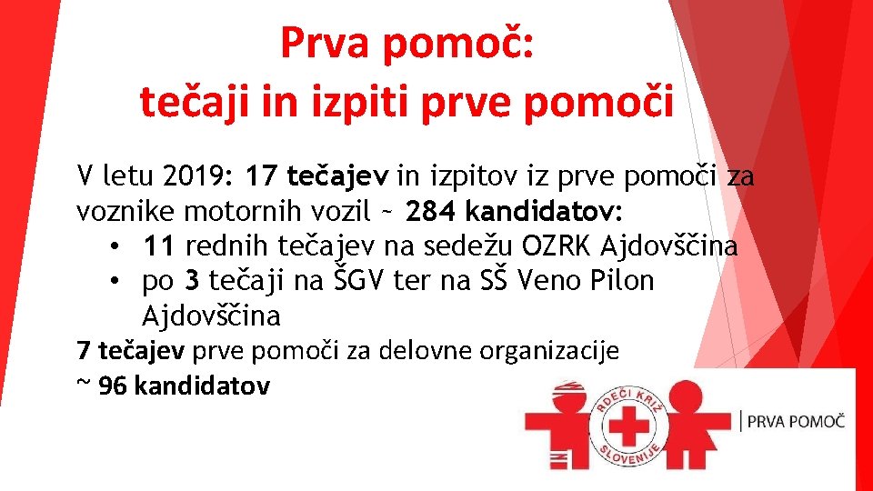 Prva pomoč: tečaji in izpiti prve pomoči V letu 2019: 17 tečajev in izpitov