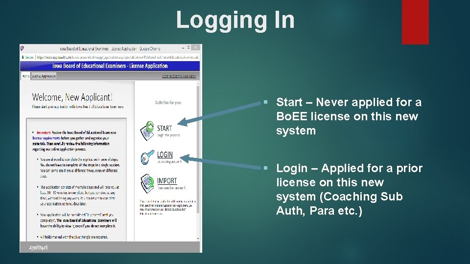 Logging In § Start – Never applied for a Bo. EE license on this