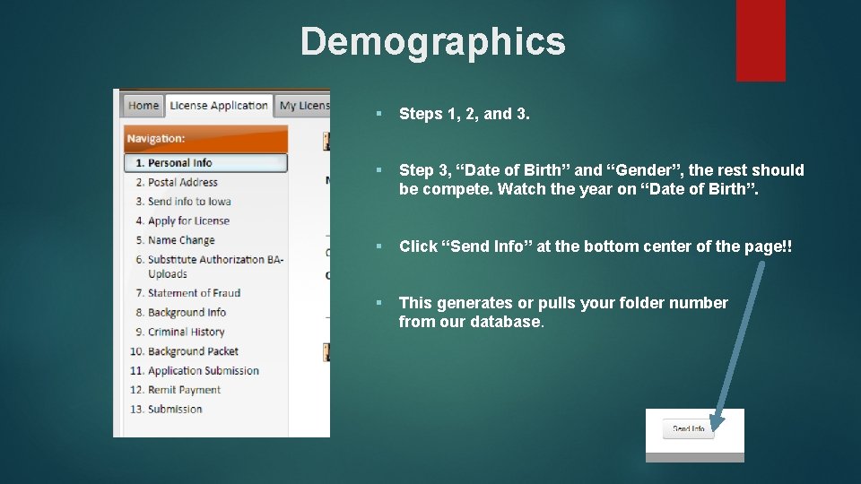 Demographics § Steps 1, 2, and 3. § Step 3, “Date of Birth” and