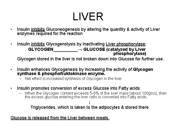 LIVER • Insulin inhibits Gluconeogenesis by altering the quantity & activity of Liver enzymes