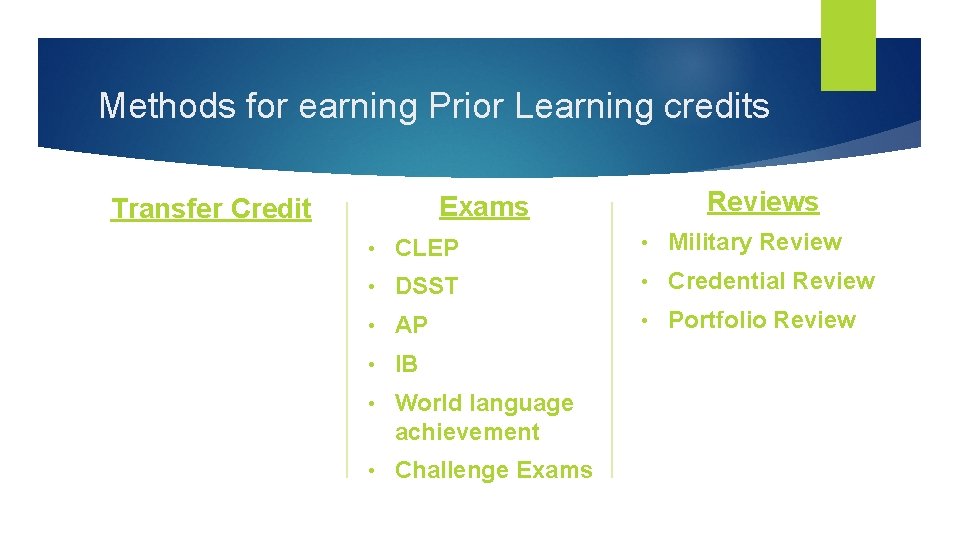 Methods for earning Prior Learning credits Reviews Exams Transfer Credit • CLEP • Military
