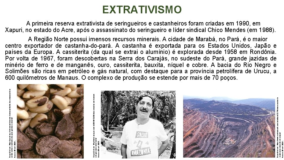 EXTRATIVISMO A primeira reserva extrativista de seringueiros e castanheiros foram criadas em 1990, em