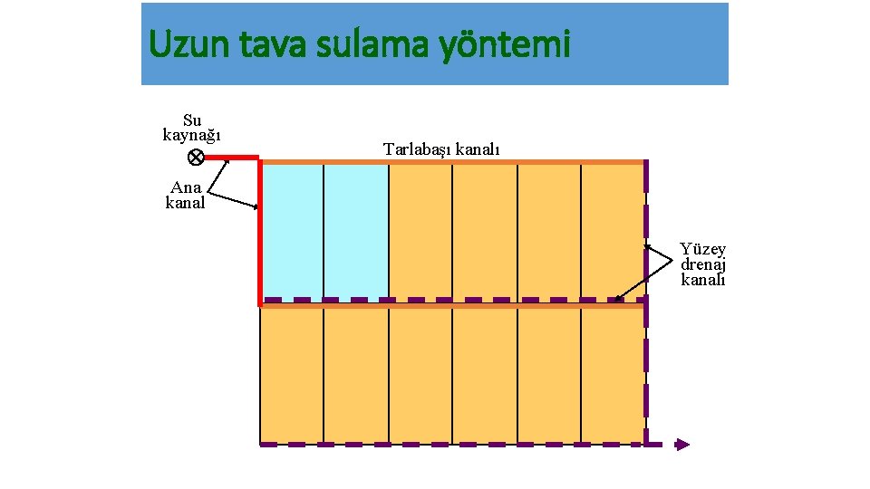 Uzun tava sulama yöntemi Su kaynağı Tarlabaşı kanalı Ana kanal Yüzey drenaj kanalı 