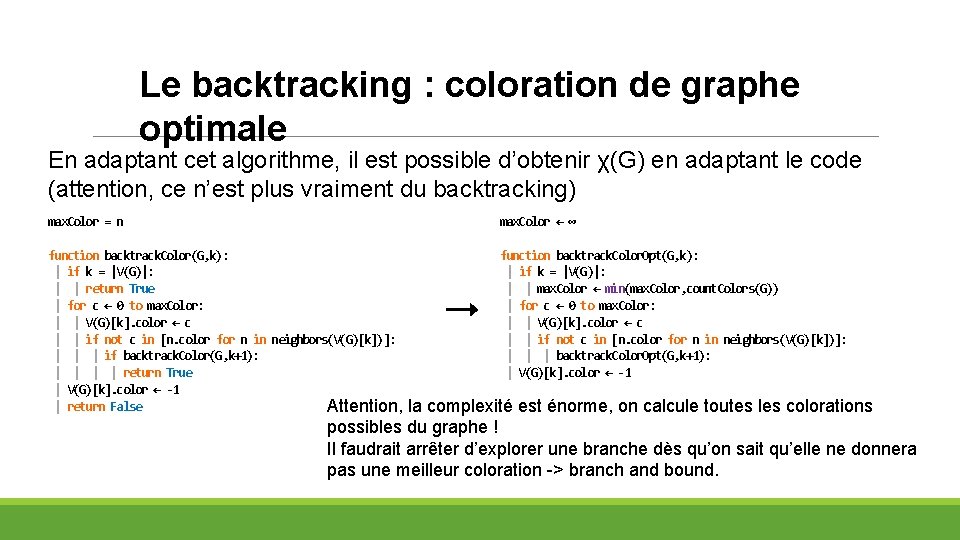 Le backtracking : coloration de graphe optimale En adaptant cet algorithme, il est possible