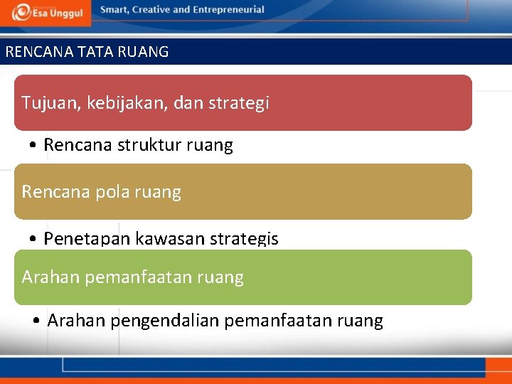 RENCANA TATA RUANG Tujuan, kebijakan, dan strategi • Rencana struktur ruang Rencana pola ruang