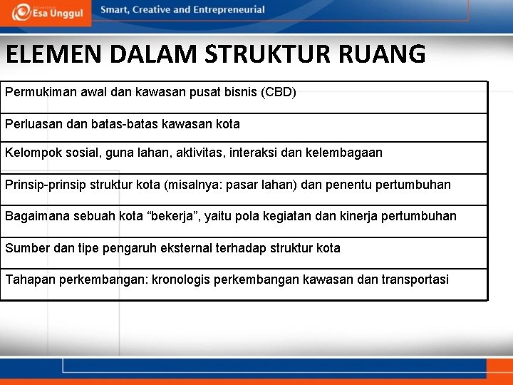 ELEMEN DALAM STRUKTUR RUANG Permukiman awal dan kawasan pusat bisnis (CBD) Perluasan dan batas-batas