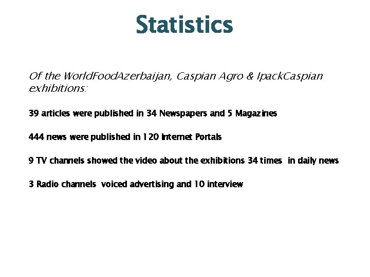 Statistics Of the World. Food. Azerbaijan, Caspian Agro & Ipack. Caspian exhibitions: 39 articles