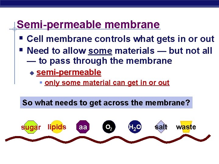 Semi-permeable membrane § Cell membrane controls what gets in or out § Need to