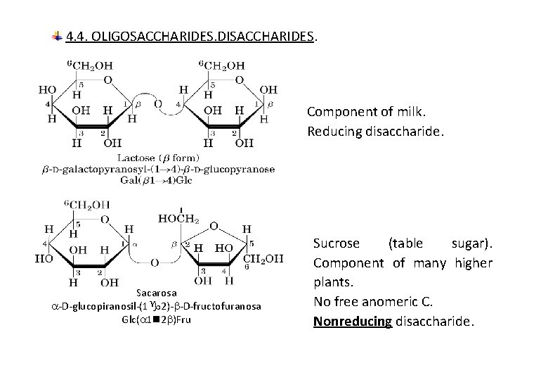 4. 4. OLIGOSACCHARIDES. DISACCHARIDES. Component of milk. Reducing disaccharide. Sacarosa -D-glucopiranosil-(1 2)- -D-fructofuranosa Glc(