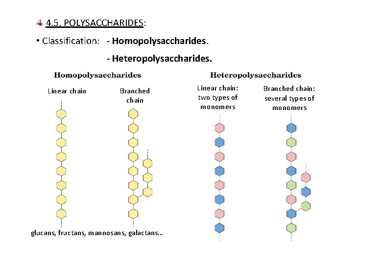 4. 5. POLYSACCHARIDES: • Classification: - Homopolysaccharides. - Heteropolysaccharides. Linear chain Branched chain glucans,