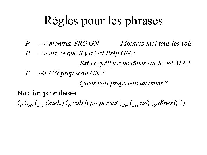 Règles pour les phrases P P --> montrez-PRO GN Montrez-moi tous les vols -->