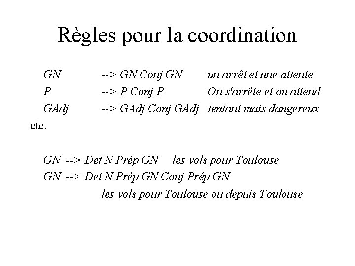 Règles pour la coordination GN P GAdj etc. --> GN Conj GN un arrêt