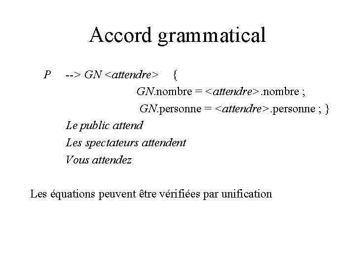 Accord grammatical P --> GN <attendre> { GN. nombre = <attendre>. nombre ; GN.