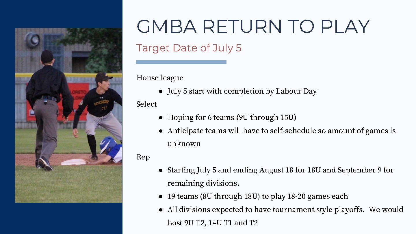 GMBA RETURN TO PLAY Target Date of July 5 House league ● July 5