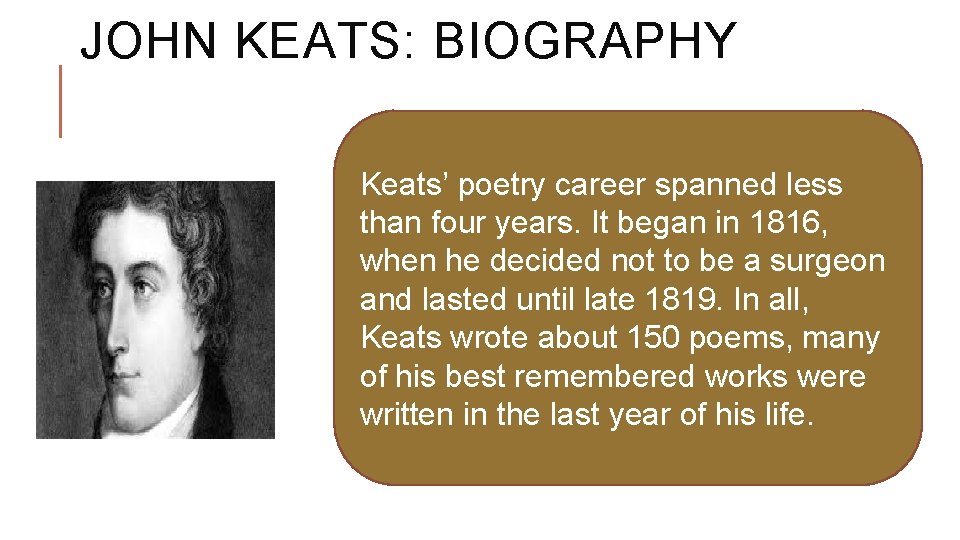 JOHN KEATS: BIOGRAPHY Keats’ poetry career spanned less than four years. It began in