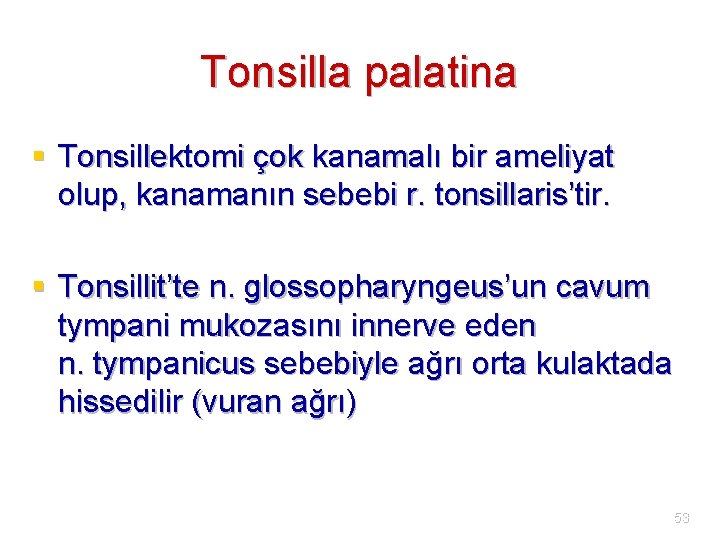 Tonsilla palatina § Tonsillektomi çok kanamalı bir ameliyat olup, kanamanın sebebi r. tonsillaris’tir. §